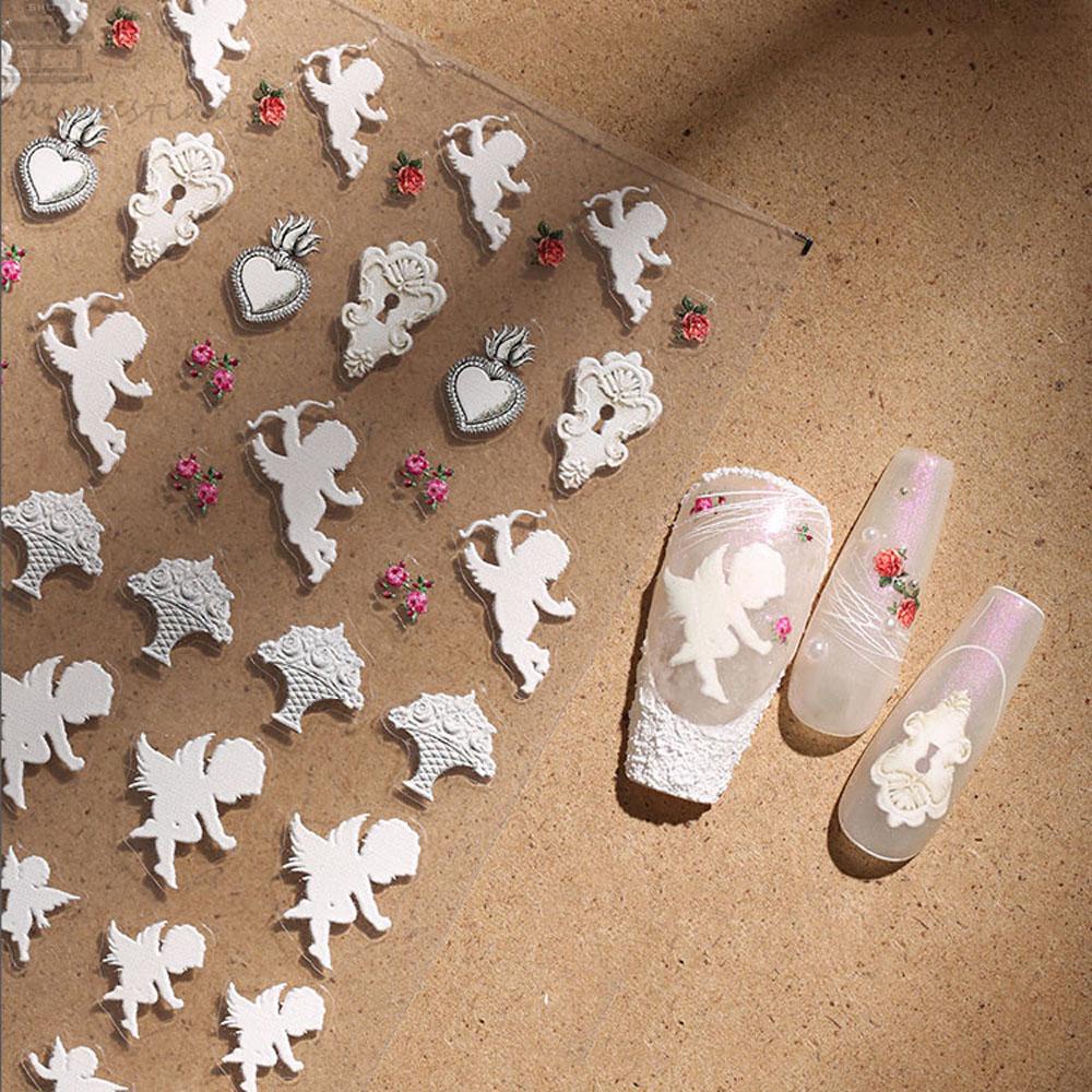 AUGUSTINA Agustin 5D Timbul Kuku Stiker Salon Elegan Retro Rococo DIY Manicure Aksesoris Cupid Nail Art Dekorasi