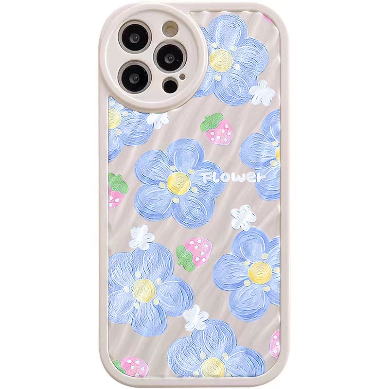 IPHONE Lukisan Strawberry Bunga Biru Riak Air Casing Ponsel Kompatibel Untuk Iphone11 13 12 14 Pro Max14 Plus XR X XS MAX 7Plus 8Plus 7 8 SE 2020 2022 Sarung Tahan Guncangan