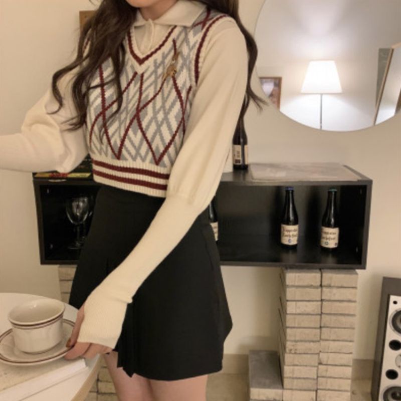 IMPORT WOMAN TEEN TEDDY BEAR CROPTOP KNIT VEST ROMPI WANITA RAJUT IMPOR MUSIM DINGIN KOREAN STYLE