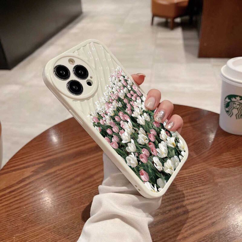 IPHONE Casing Ponsel Riak Air Tulip Bunga Segar Kompatibel Untuk Iphone11 13 12 14 Pro Max14 Plus XR X XS MAX 7Plus 8Plus 7 8 SE 2020 2022 Sarung Tahan Guncangan