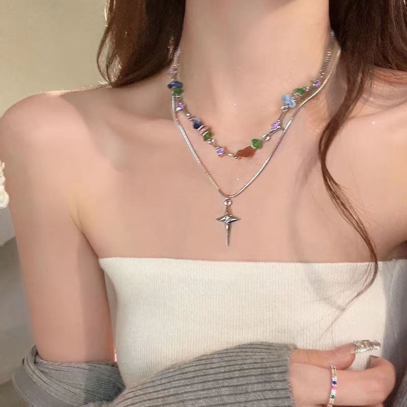 Gaya Baru Unik Manis Keren Gaya Gadis Panas Batu Warna-Warni Menetes Bintang Berminyak Rantai Klavikula Perempuan Niche Desain Kalung