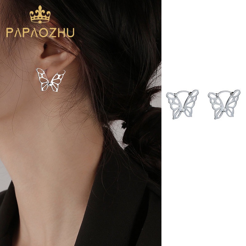 Papaozhu Romantis Perak Berongga Kupu-Kupu Hoop Anting Untuk Wanita Pesta Pertunangan Gadis Pengantin Pernikahan Anting Korea Elfin Cuff Earrings Jewelry