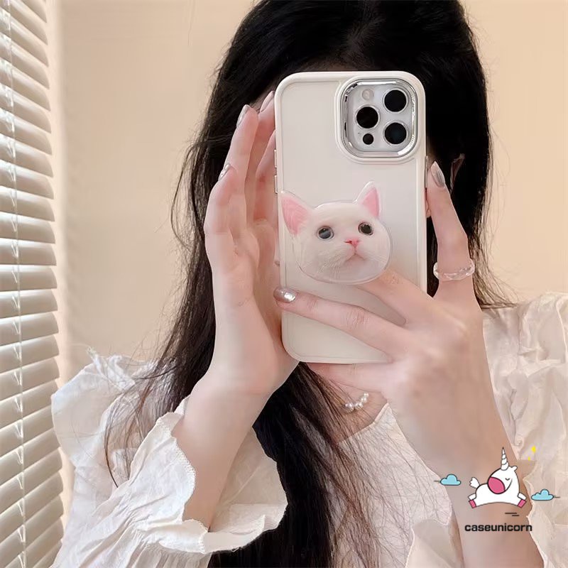 Cute Kitty Cat Bracket Mewah Plating Case Kompatibel Untuk IPhone 7plus 13 11 12 14 Pro MAX X XR 7 8 Plus XS MAX Sederhana Warna Solid Frame Lensa Metal Phone Cover Dengan Holder Bracket