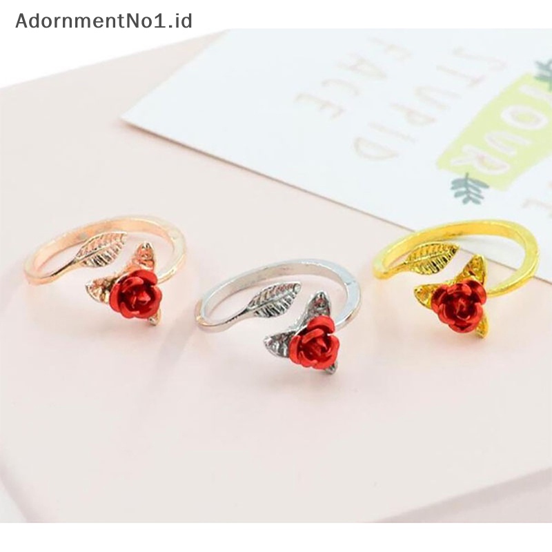 [AdornmentNo1] Bunga mawar merah daun cincin pembukaan untuk wanita bunga Fashion cincin jari yang dapat disesuaikan hari valene perhiasan pertunangan hadiah