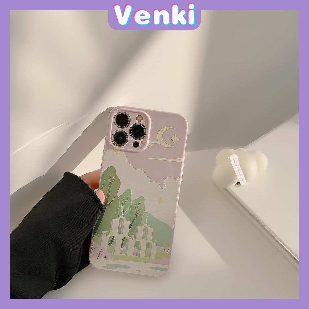 VENKI - Untuk iPhone 11 Case Film TPU Case Cream Glossy Perlindungan Kamera Minimalis Minyak Lukisan Gereja Kompatibel dengan iPhone 14 13 Pro Max iPhone 12 Pro Max XR XS 7Plus 8Plus