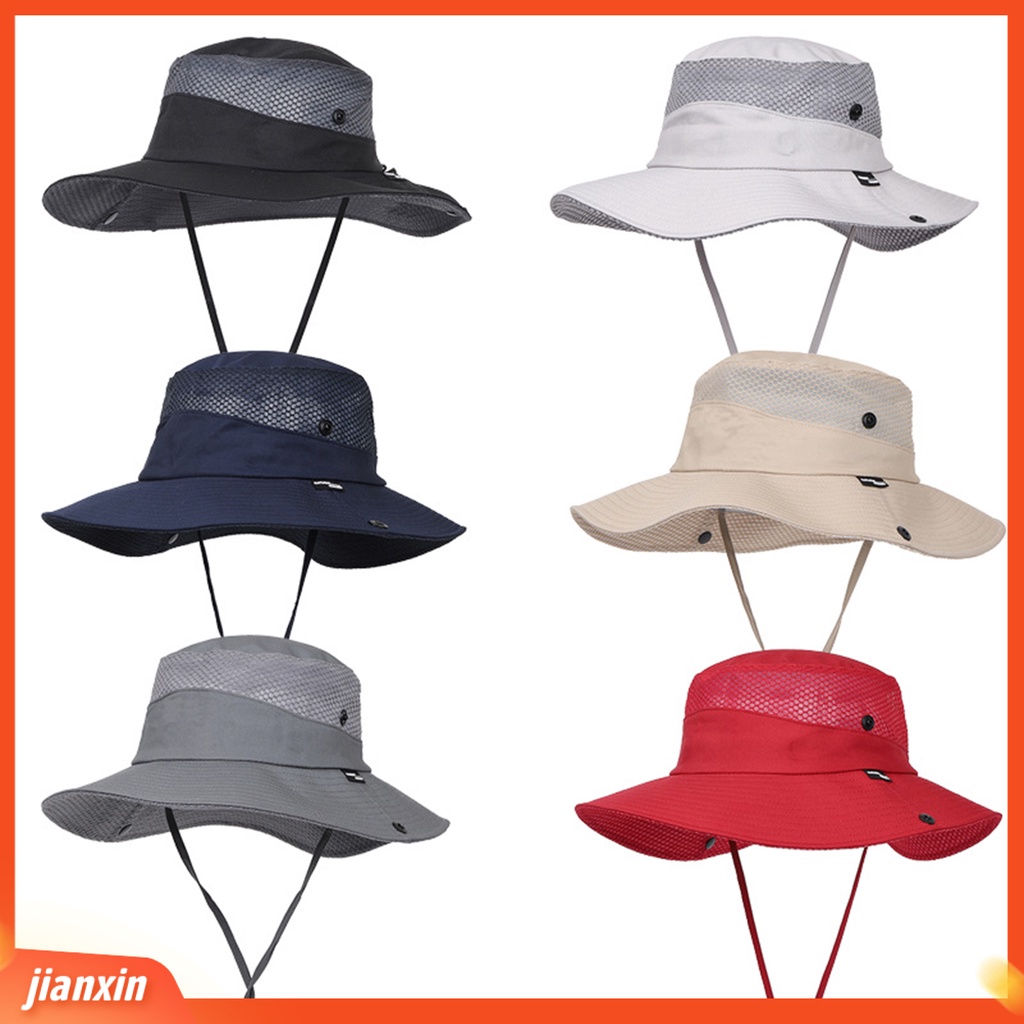 (In Stock) Wide Brim Outdoor Hat Lubang Lubang Angin Dengan Tali Topi Pelindung Matahari Anti UV Pelindung Matahari Untuk Unisex