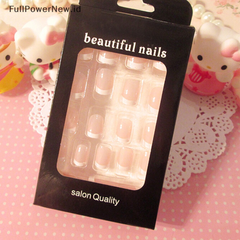 Power 24Pcs Lady Wanita Gaya Perancis DIY Manicure Art Tips Kuku Palsu Dengan Lem ID Baru