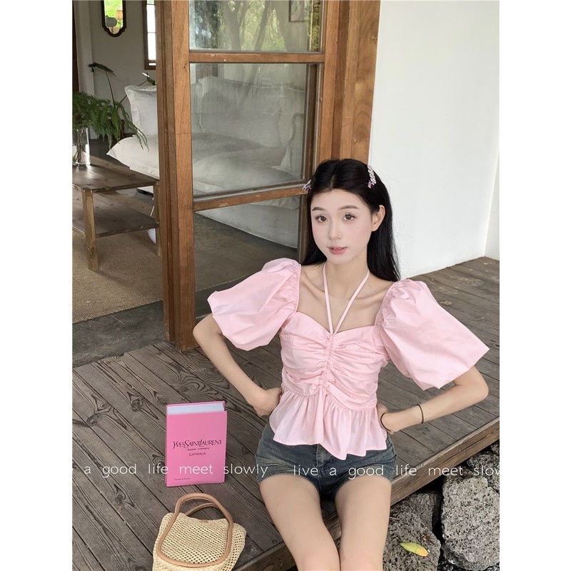 Summer Blouse Wanita Korean Puff Lengan Pendek Lipatan Crop Top