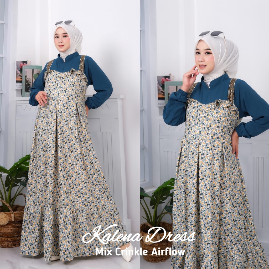 Kalena Dress Muslim Wanita Terbaru bahan Crincle Airflow Motif Bunga-bunga