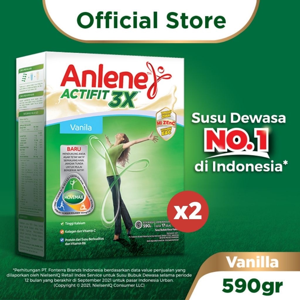 

Anlene Actifit 3X Susu Bubuk Dewasa Vanila 2 x 590g - Nutrisi Tinggi Kalsium Untuk Tulang, Sendi, dan Otot