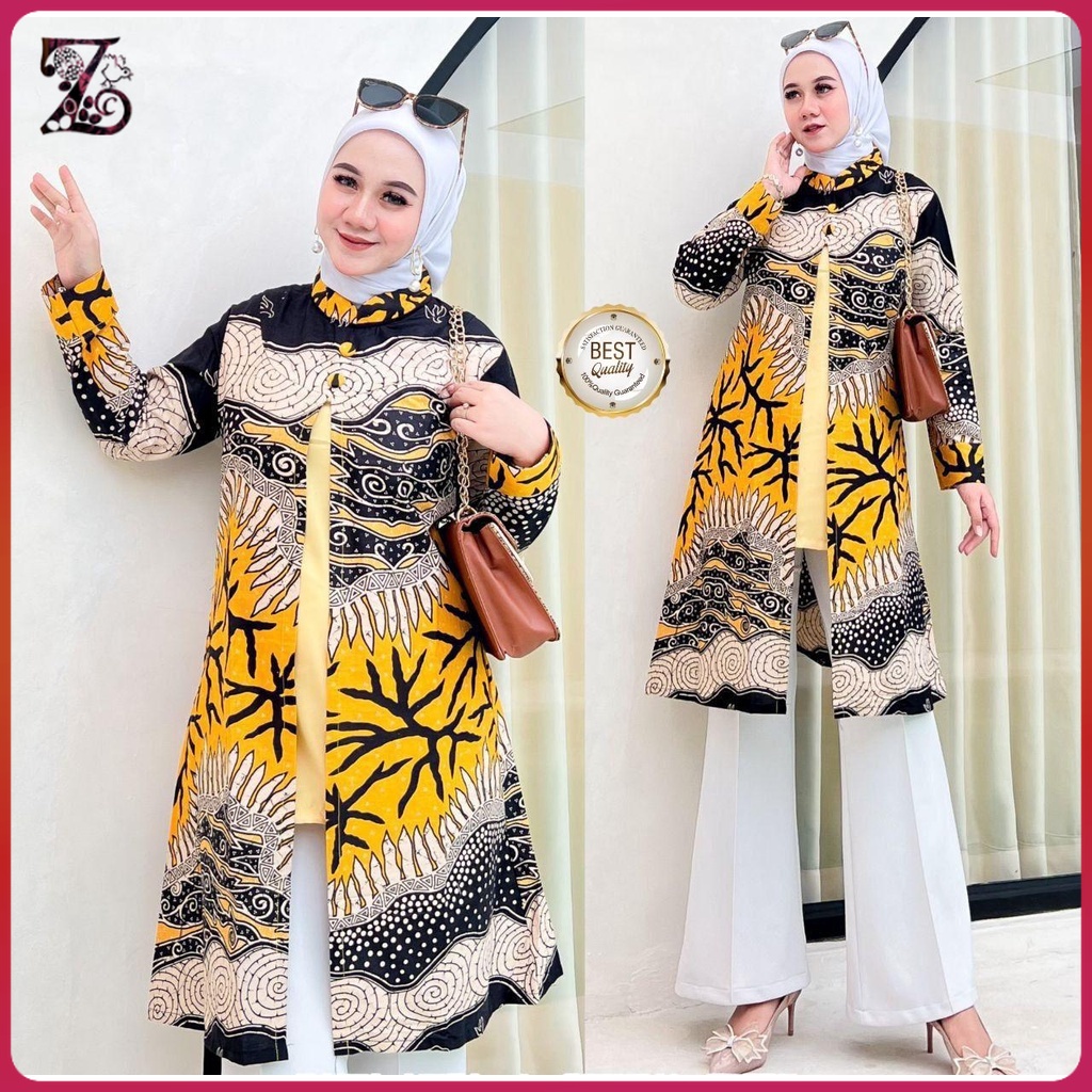 ZulvaCollections - Baju Kerja Batik Tunik Wanita Dewasa Warna Kuning Motif Kombinasi Hitam