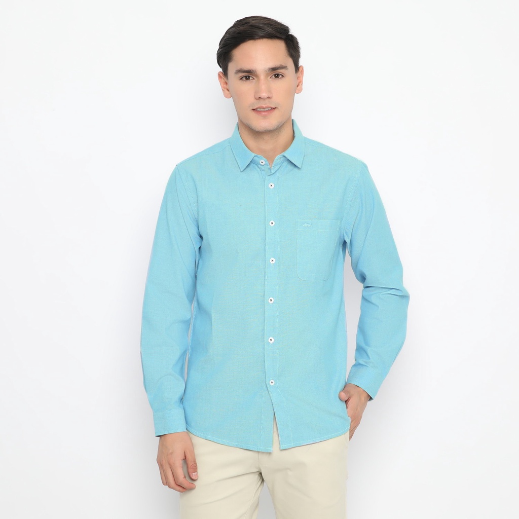 RICARDO kemeja biru polos pria oxford lengan panjang 32393