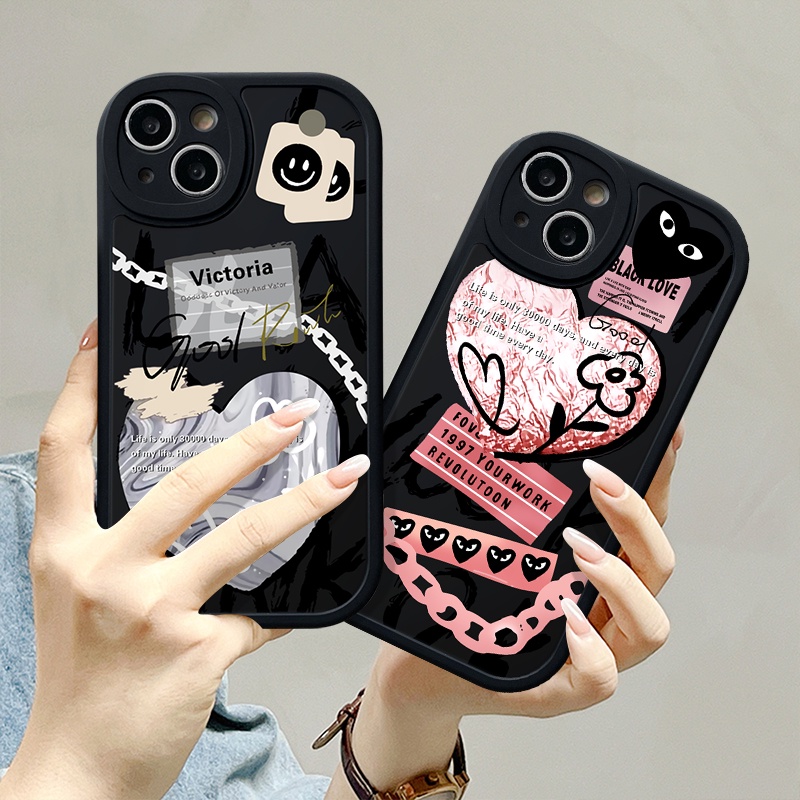 IPHONE Pasangan Casing Kompatibel Untuk Iphone12 11 14 13 Pro Max 7plus XR 6s 7 6 8 Plus XS X Max SE 2020 Ins Graffiti Cinta Hati Trendi Merek Label Soft Tup Case