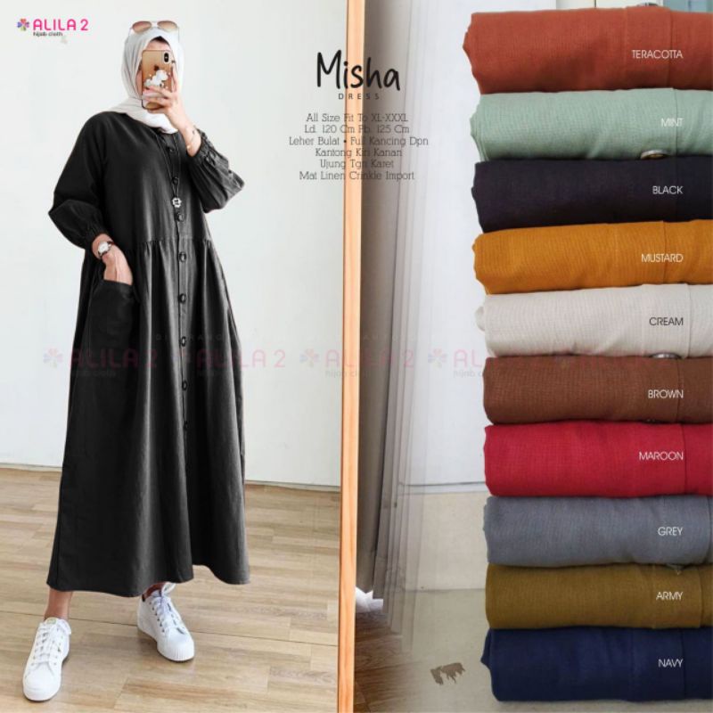 Ready Stock ✅ Dress Muslim Misha Dress Midi Alila Misha 1 2 Midi Dress Katun Linen Crinkle Import Ld