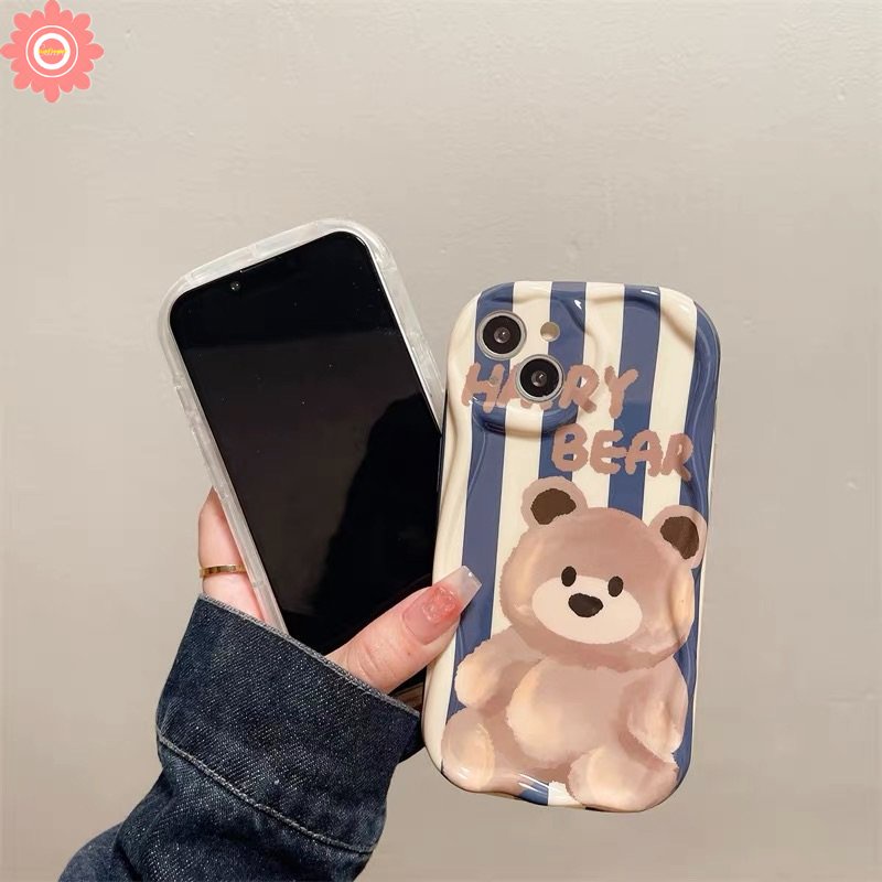 3d Wavy Curved Edge Cute Cartoon Bear Stripe Case Kompatibel Untuk iPhone 7Plus XR 6s 6 7 8 Plus 11 Pro Max 14 13 12 Pro Max X XS Max SE 2020 Tpu Lembut Airbag Glossy Shockproof Cover