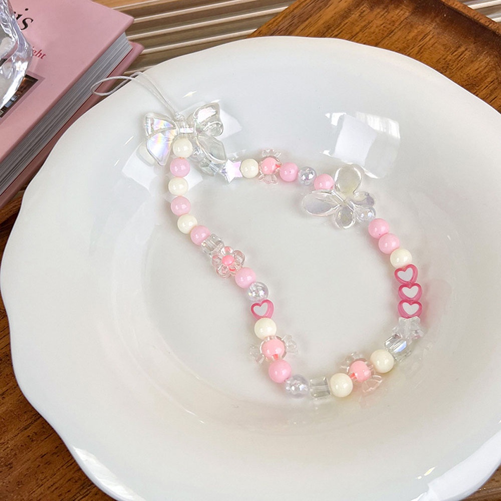 Cinta Merah Muda Gantungan Kunci Peach Jantung Busur Ponsel Cordage Sweet Mobile Cordage Beaded Mobile Cordage DIY Handphone Case Aksesoris Tas Gantung Dekorasi