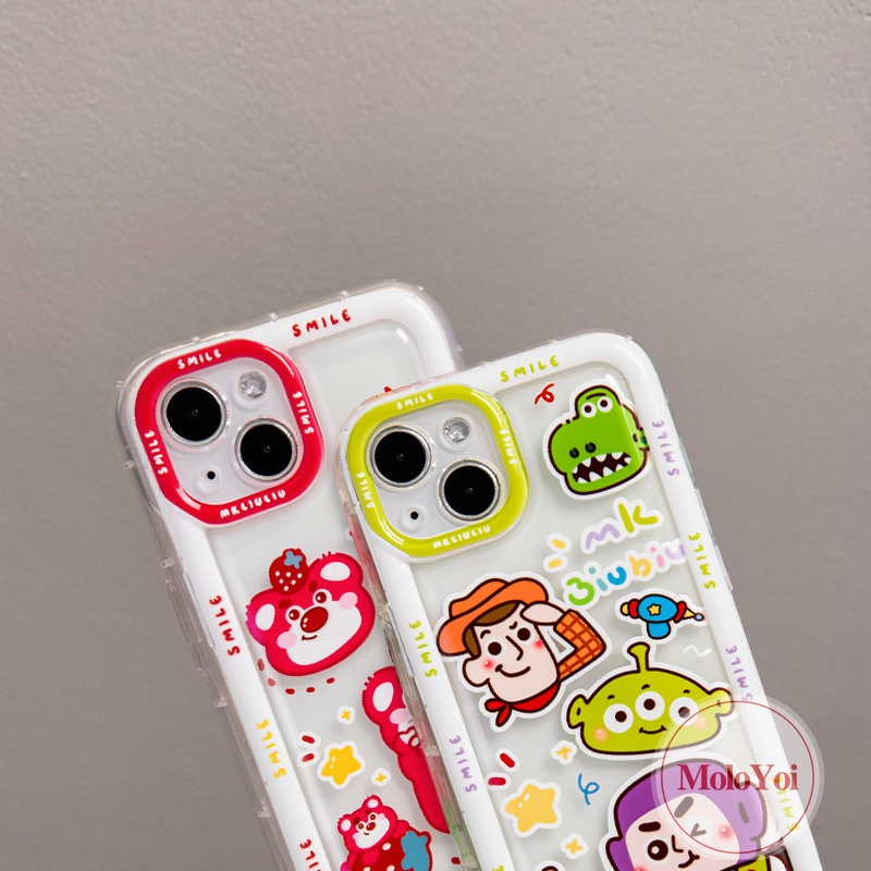 IPHONE Case Manyo Beruang Strawberry Kompatibel Untuk Iphone14 11 13 12 Pro MAX XR 7Plus X XS MAX 6 7 8 6S Plus SE 2020 Kartun Toy Story Buzz Lightyear Alien Airbag Shockproof Soft Cover