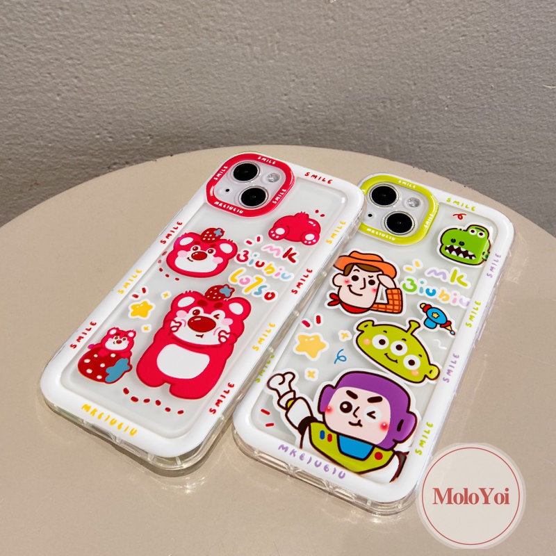 IPHONE Case Manyo Beruang Strawberry Kompatibel Untuk Iphone14 11 13 12 Pro MAX XR 7Plus X XS MAX 6 7 8 6S Plus SE 2020 Kartun Toy Story Buzz Lightyear Alien Airbag Shockproof Soft Cover