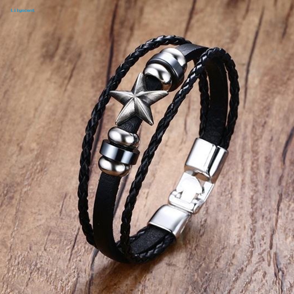 Lilyscent Pria Punk Bintang Alloy Pesona Multilayer Dikepang Perhiasan Gelang Kulit Imitasi