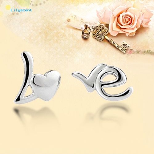 Lilyscent Wanita Fashion Perak Disepuh Hati Cinta Surat Asimetri Telinga Studs Earrings