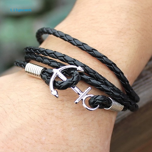 Lilyscent Gelang Kaki Pria Kulit Imitasi Multilayer Braided Bangle Charm Infinity Bracelet