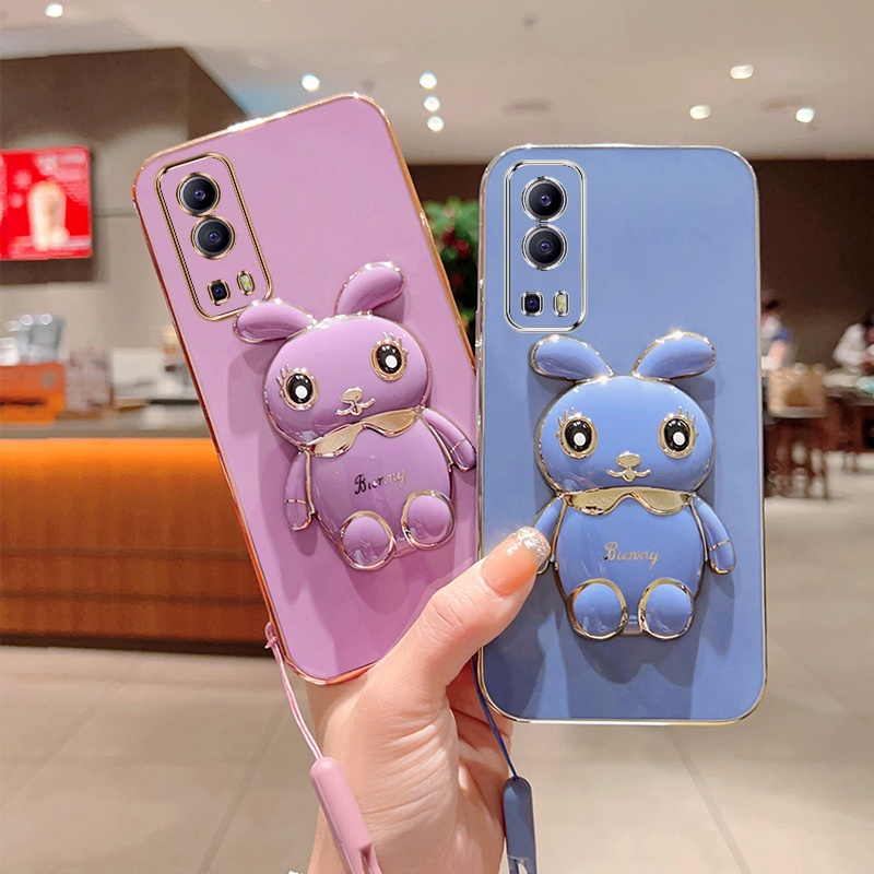 Andyh Case Ponsel Untuk Vivo Y72 5G Y52 5G Kartun Lucu Kelinci Kecil Tepi Lurus Lembut Shell Mengirim lanyard Silikon