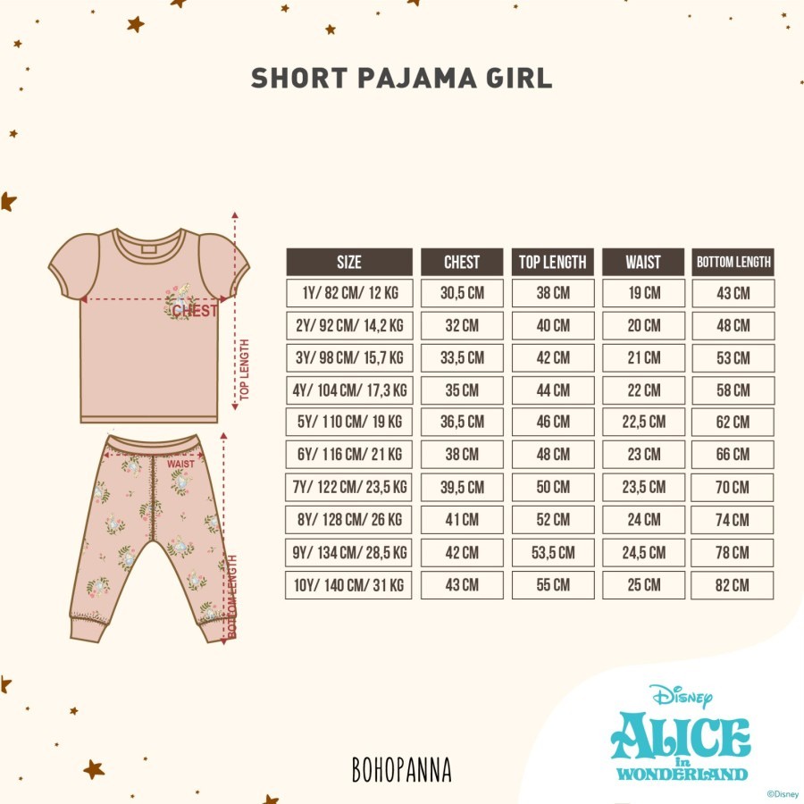 Bohopanna - Short Pajamas Girl Disney Alice | Baju Tidur Anak 5-10thn