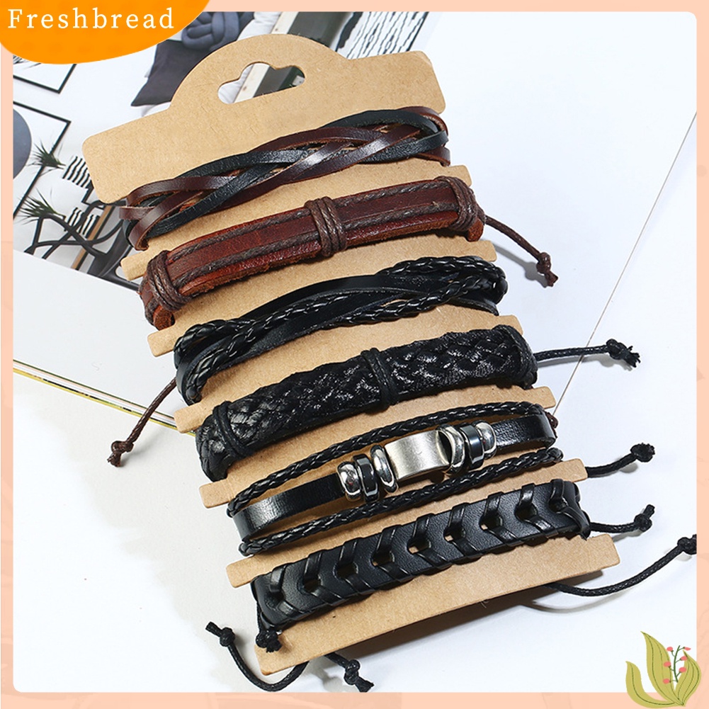 &lt; Freshbread &gt; 6Pcs Retro Multilayer Braided Tali Kulit Pria Gelang Set Bangle Perhiasan