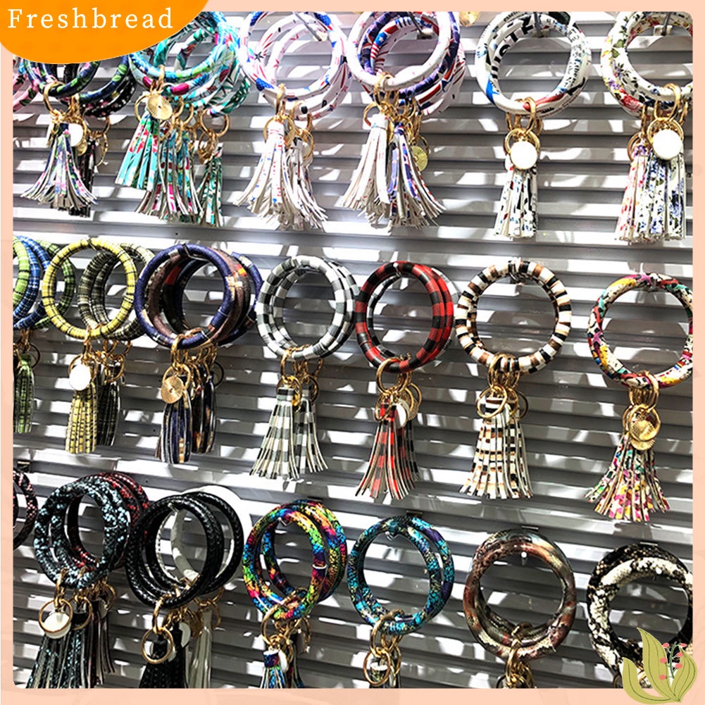 &lt; Freshbread &gt; Fashion Wanita Enamel Bulat Rumbai Liontin Gelang Bangle Gantungan Kunci Tali Pergelangan Tangan