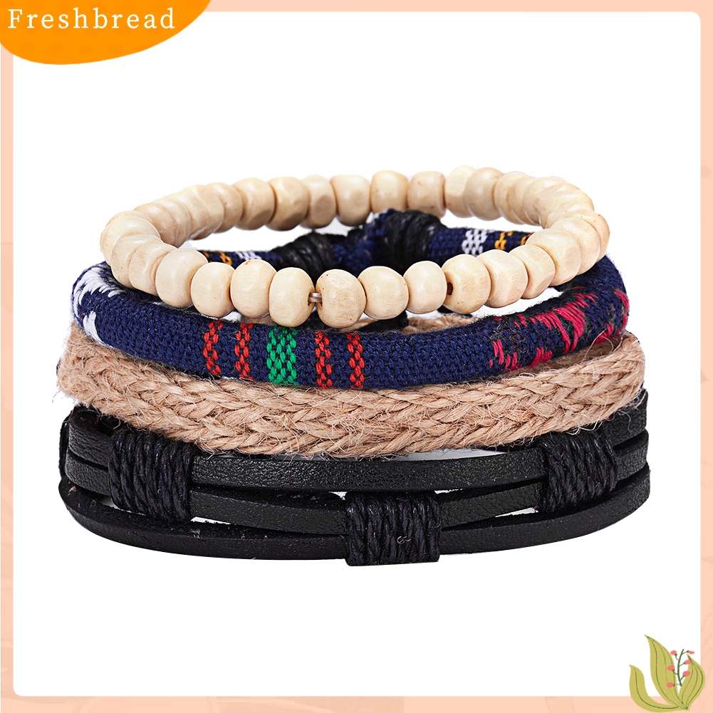 &lt; Freshbread &gt; 4Pcs/Set Vintage Pria Gaya Campur Braided Faux Leather Beaded Bracelet Bangle