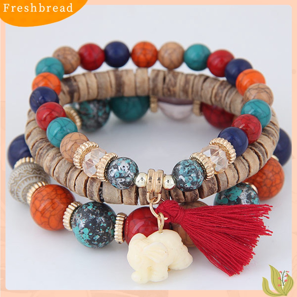 &lt; Freshbread &gt; 3Pcs/Set Tali Elastis Multilayer Resin Wanita Gelang Wanita Bohemia Gajah Rumbai Manik-Manik Gelang Perhiasan Aksesori