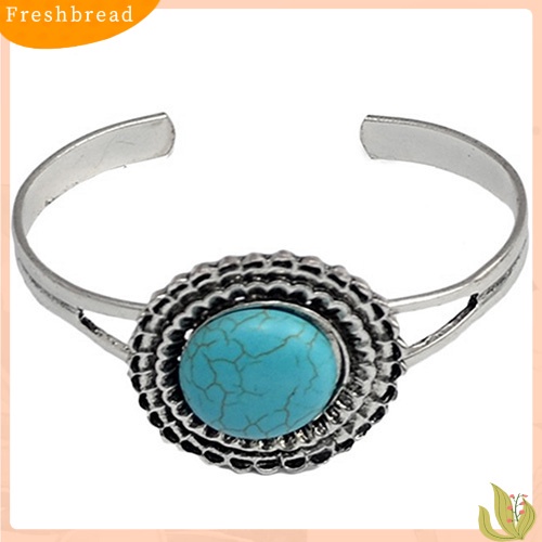 &lt; Freshbread &gt; Perhiasan Wanita Gaya Retro Geometris Turquoise Pembukaan Manset Bangle Gelang