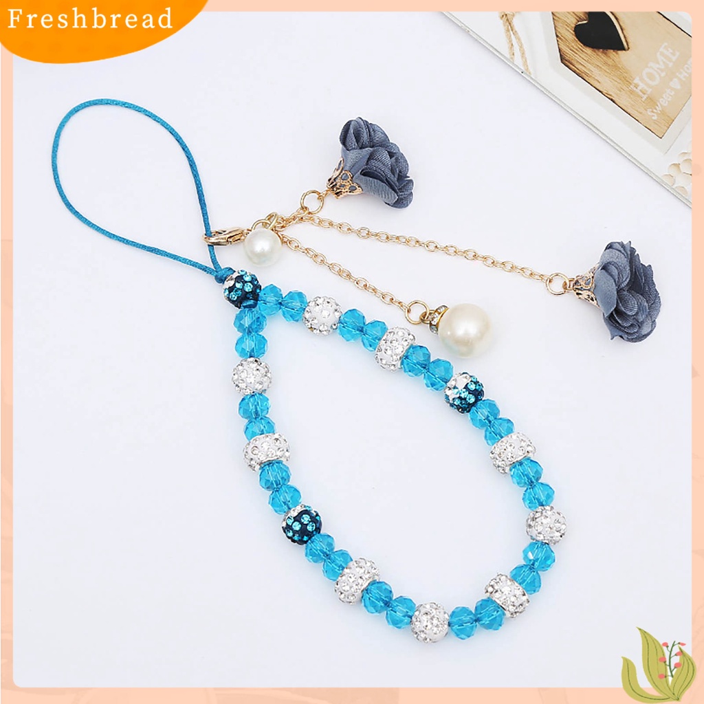 &lt; Freshbread &gt; Wanita Gelang Kristal Imitasi Manik-Manik Bunga Liontin Mutiara Imitasi Pendek Hias Portabel Lady Gelang Ponsel Tali Lanyard Aksesori Busana