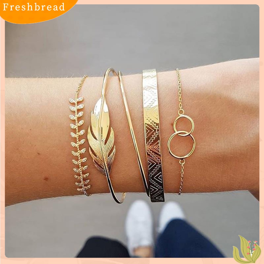 &lt; Freshbread &gt; 5Pcs/Set Wanita Fashion Daun Berlian Imitasi Bertatahkan Gelang Terbuka Gelang Perhiasan