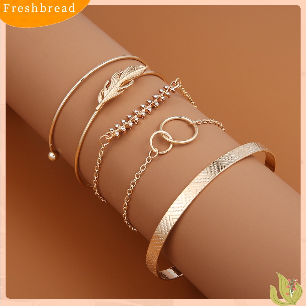 &lt; Freshbread &gt; 5Pcs/Set Wanita Fashion Daun Berlian Imitasi Bertatahkan Gelang Terbuka Gelang Perhiasan