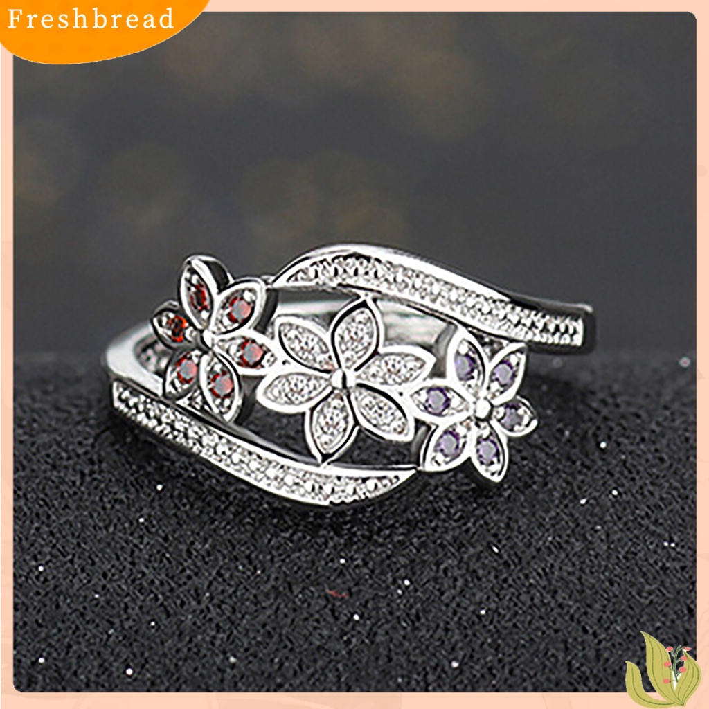 &lt; Freshbread &gt; Cincin Perak Berlapis Desain Bunga Cubic Zirconia Hias Shiny Fashion Women Ring Untuk Pernikahan