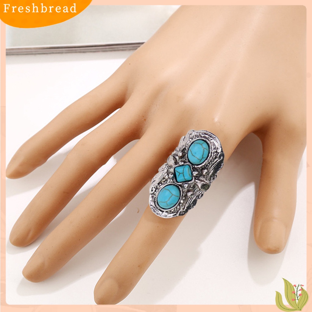 &lt; Freshbread &gt; Cincin Batu Gaya Bohemian Adjustable Batu Hijau Ukir Bunga Oval Opening Ring Untuk Pesta