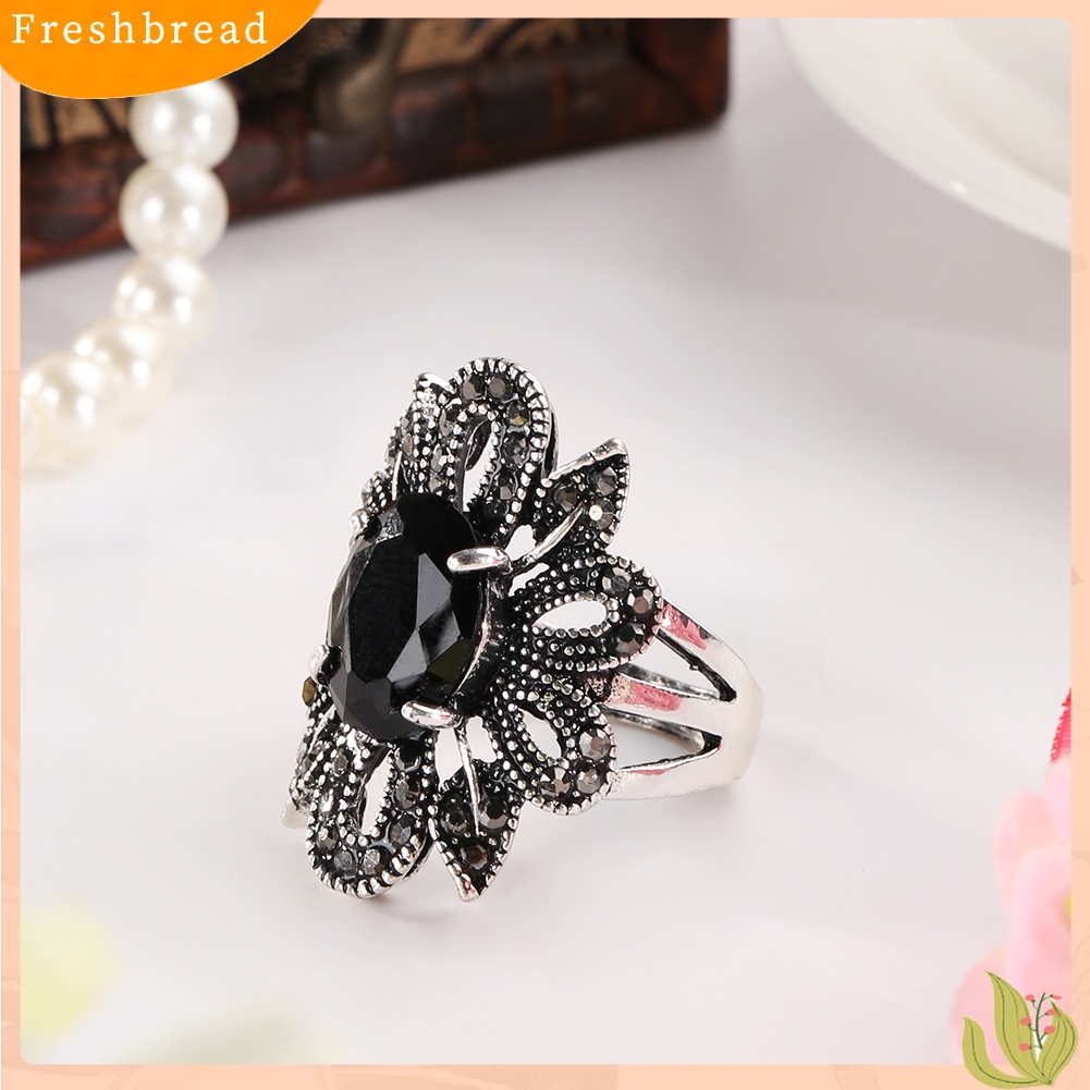 &lt; Freshbread &gt; Wanita Vintage Berongga Pola Bunga Cincin Berlapis Paduan Resin Jari Perhiasan Hadiah