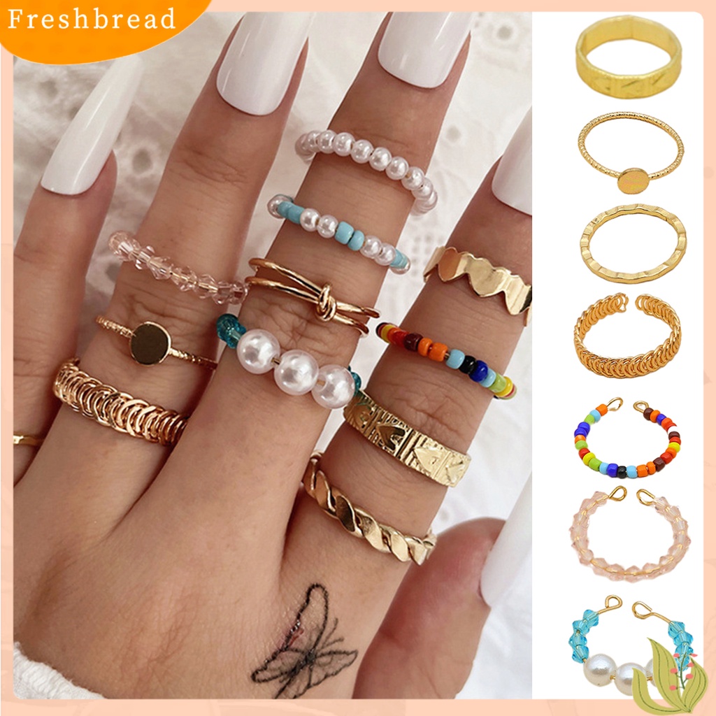 &lt; Freshbread &gt; 12Pcs/Set Mutiara Imitasi Multicolor Beads Knuckle Rings Opening Heart Knot Women Knuckle Rings Perhiasan Aksesoris