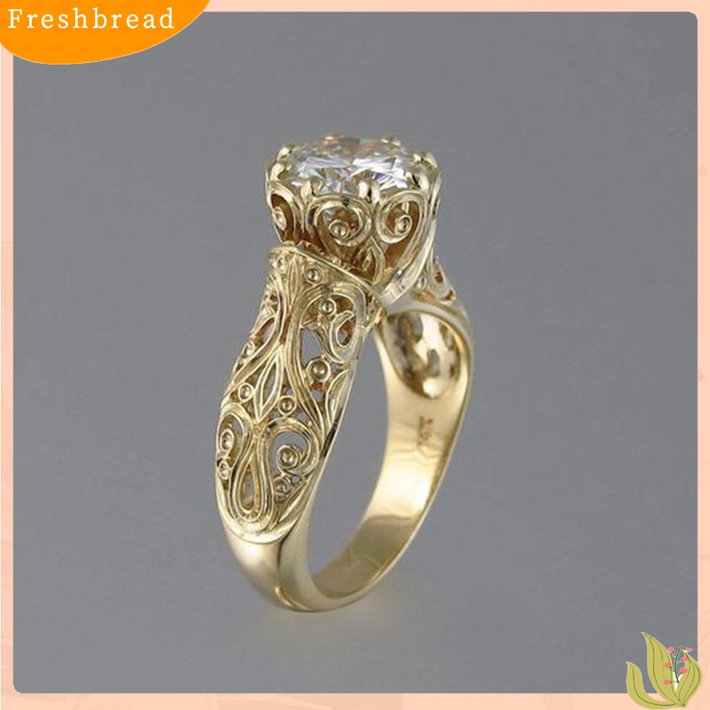 &lt; Freshbread &gt; Vintage Wanita Ukir Bunga Bulat Berlian Imitasi 8cakar Pertunangan Jari Cincin Dekorasi