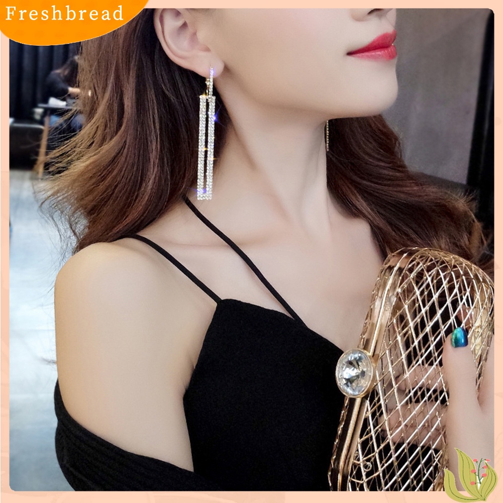 < Freshbread > Wanita Berlian Imitasi Hias Berongga Persegi Panjang Panjang Geometris Menjuntai Anting Perhiasan