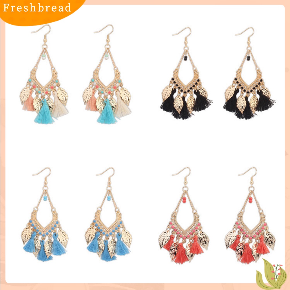 &lt; Freshbread &gt; Gaya Etnik Bohemian Jumbai Daun Logam Panjang Drop Hook Anting Wanita Perhiasan