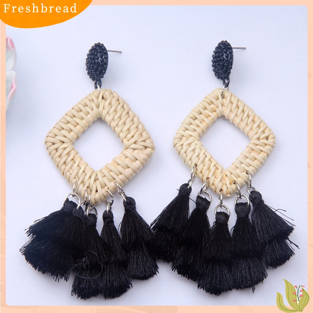 &lt; Freshbread &gt; Boho Wanita Berongga Belah Ketupat Anyaman Rotan Rumbai Statement Menjuntai Stud Earrings