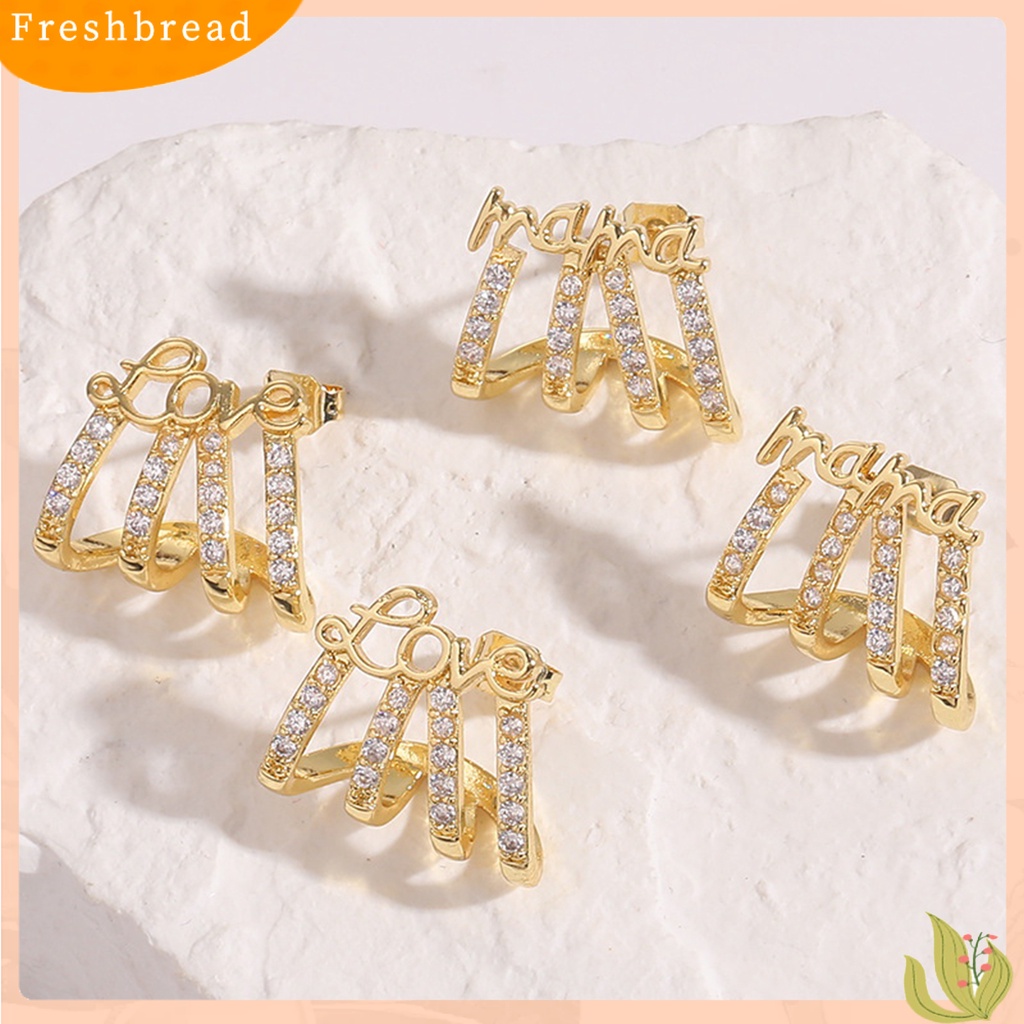 &lt; Freshbread &gt; 1pasang Wanita Anting Anti-Oksidasi Jatuh Tahan Colorfast 4cakar Surat Berlian Imitasi Fashion Telinga Cincin Telinga Dekorasi