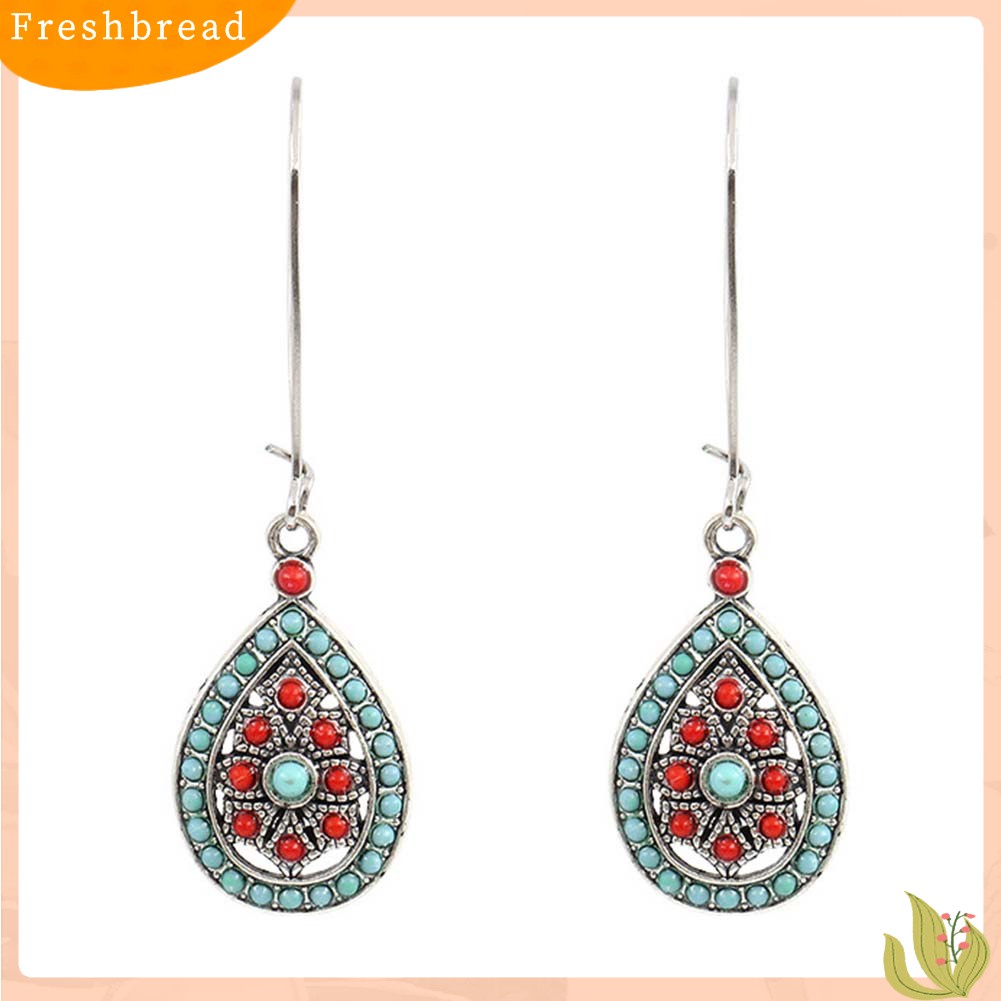 &lt; Freshbread &gt; Bohemian Wanita Manik-Manik Faux Turquoise Hias Hollow Teardrop Menjuntai Kait Anting