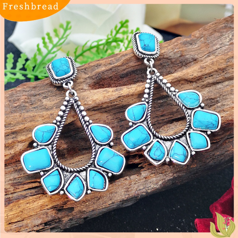 &lt; Freshbread &gt; Ladies Faux Turquoise Hias Teardrop Drop Stud Anting Pernyataan Perhiasan Hadiah