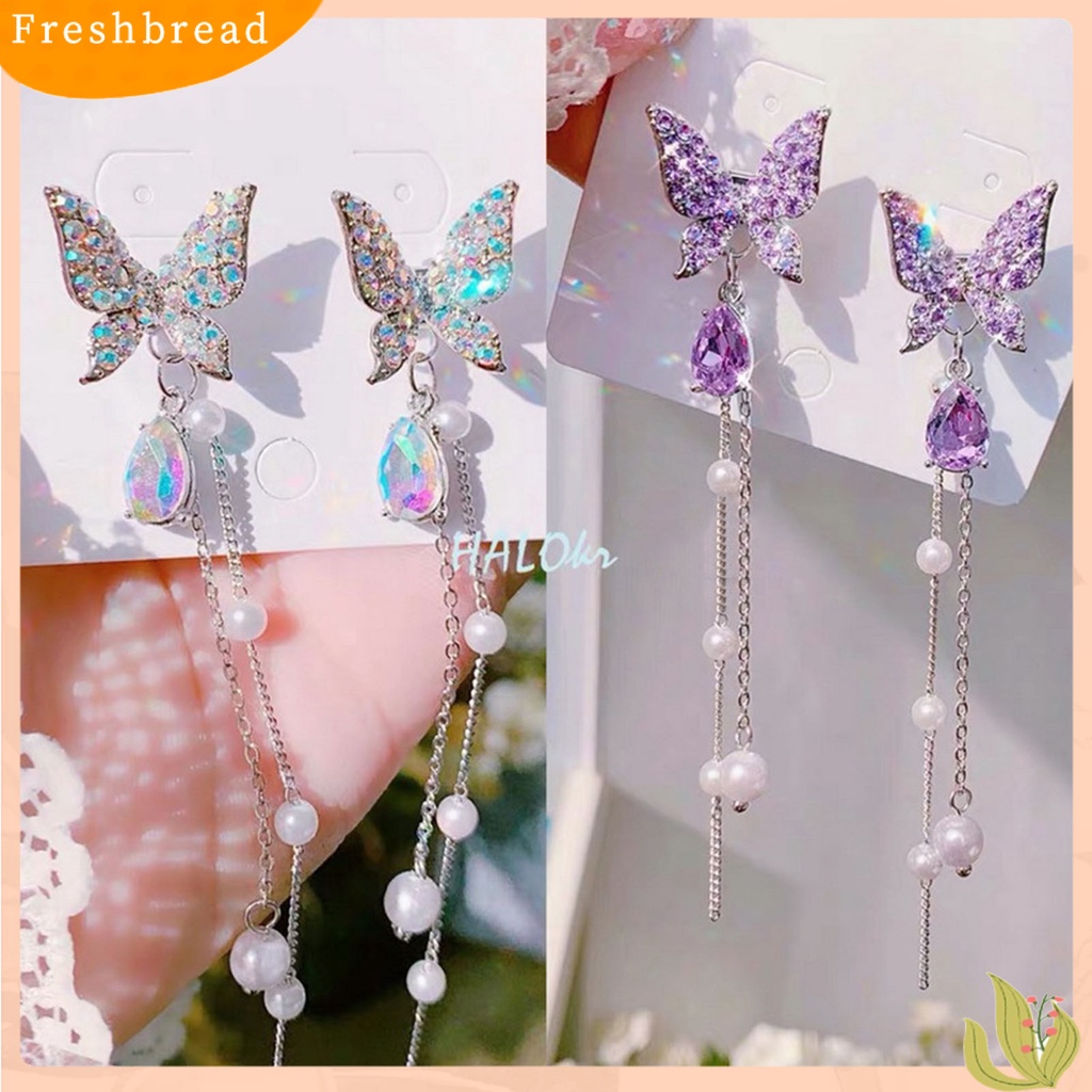 &lt; Freshbread &gt; 1pasang Berlian Imitasi Bersinar Rantai Rumbai Lady Earrings Hidup Kupu-Kupu Mutiara Imitasi Stud Earrings Elegan Earrings