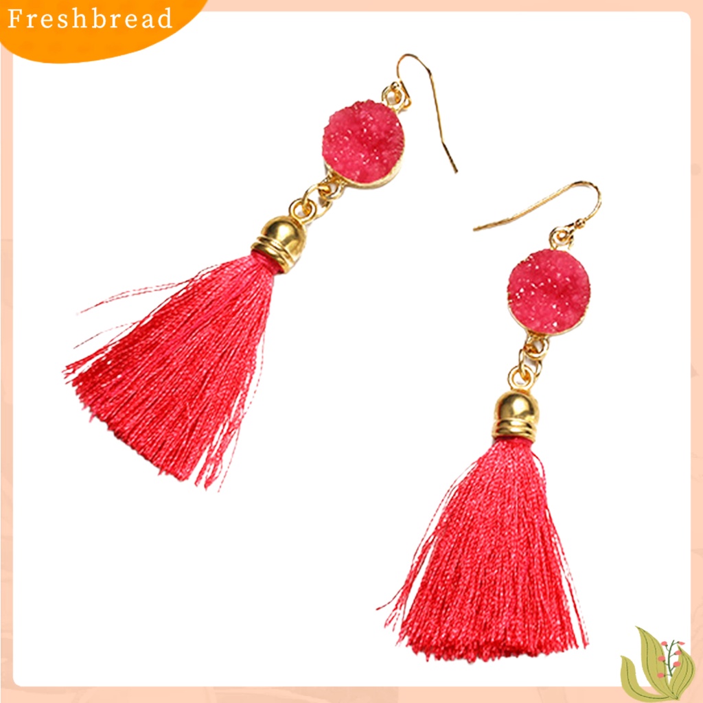 &lt; Freshbread &gt; 1pasang Anting Kait Bohemian Katun Ringan Garis Pinggiran Desain Menjuntai Earrings Aksesoris Telinga