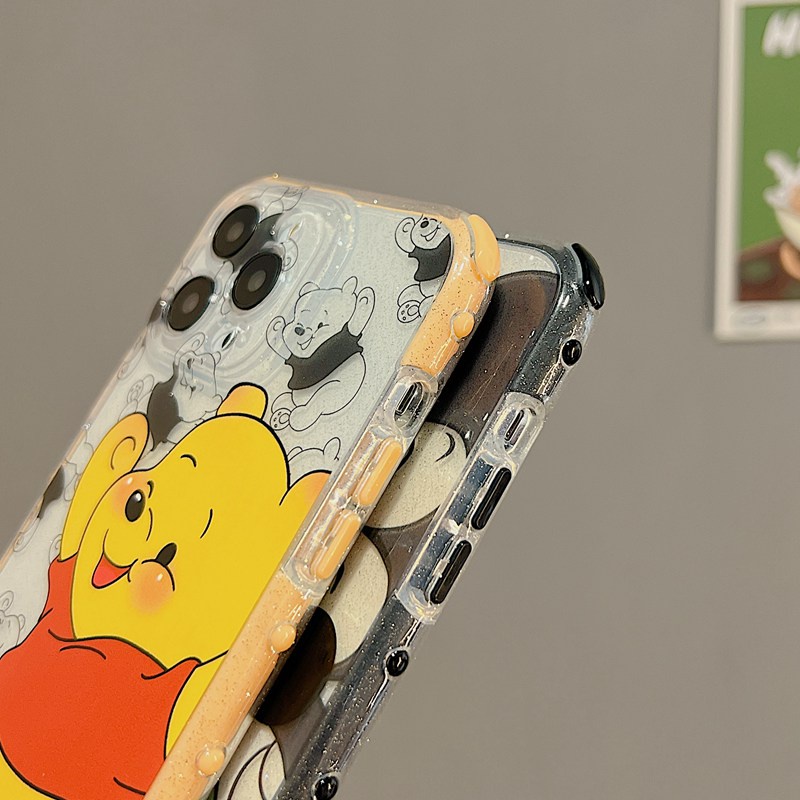 IPHONE Lovely!Mickey Winnie Bear Flash Powder Polos Soft Case HP iP Iphone12 13 14 Pro Max 11 FTD Casing Apple