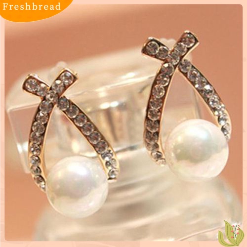 {In Stock} Women's Faux Pearl Ear Studs Earrings Cross Berlian Imitasi Hadiah Perhiasan Pernikahan